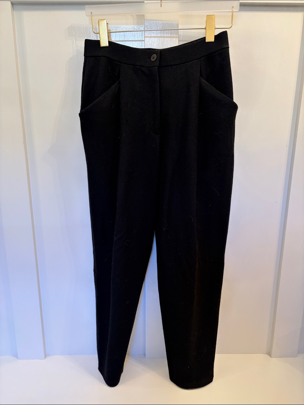 Eileen Fisher Black Wool Trowser, Button Front, Pleat Pocket, XS